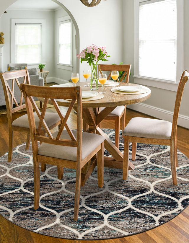 Blue Multicolor 7' 1 x 7' 1 Trellis Frieze Round Area Rug Geometric Modern Unique Stain Resistant Easy Clean Carpet for Living, Dining, Bedrooms, Office for Sale at Rug Engine
