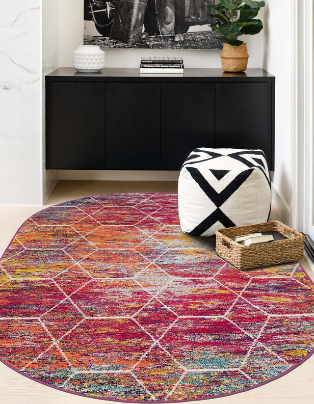 Multicolor 4' 1 x 6' 1 Trellis Frieze Oval Area Rug Geometric Modern Unique Stain Resistant Easy Clean Carpet for Living, Dining, Bedrooms, Office for Sale at Rug Engine