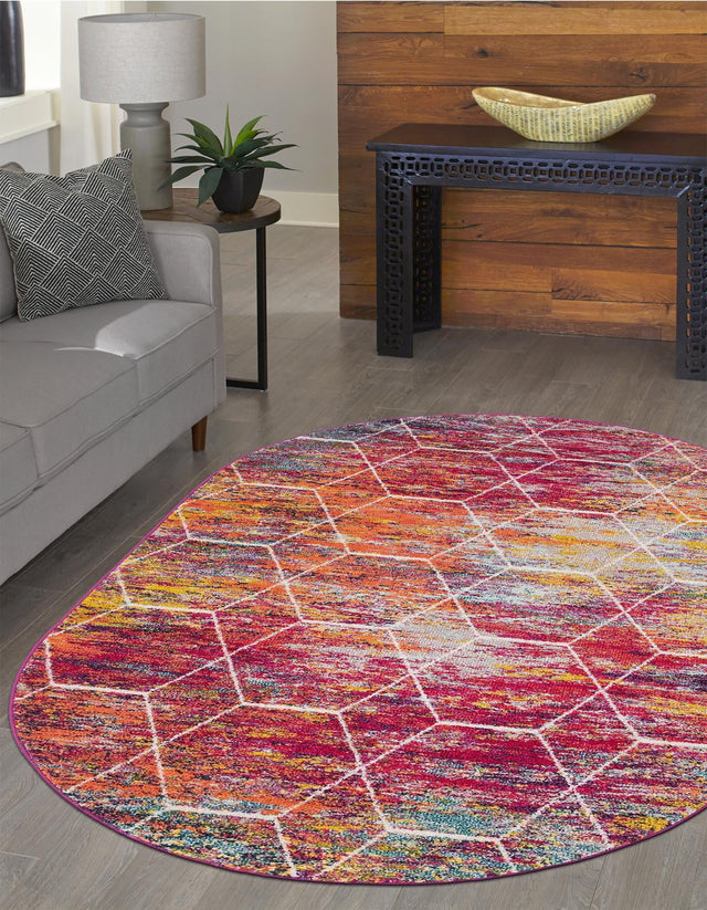 Multicolor 3' 1 x 5' 3 Trellis Frieze Oval Area Rug Geometric Modern Unique Stain Resistant Easy Clean Carpet for Living, Dining, Bedrooms, Office for Sale at Rug Engine