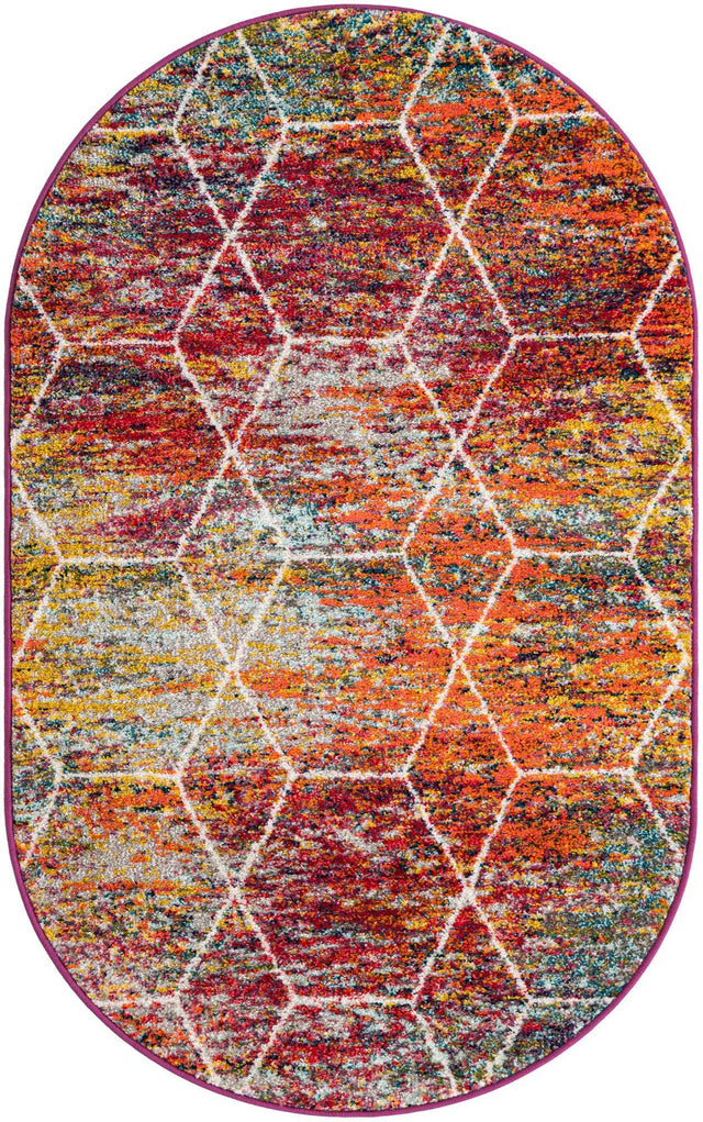 Multicolor 3' 1 x 5' 3 Trellis Frieze Oval Area Rug Geometric Modern Unique Stain Resistant Easy Clean Carpet for Living, Dining, Bedrooms, Office for Sale at Rug Engine