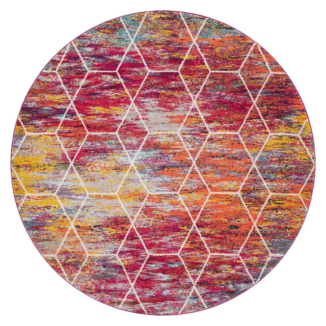 Multicolor 7' 10 x 7' 10 Trellis Frieze Round Area Rug Geometric Modern Unique Stain Resistant Easy Clean Carpet for Living, Dining, Bedrooms, Office for Sale at Rug Engine