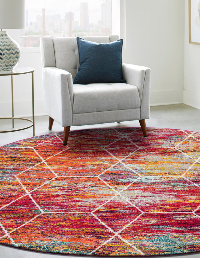 Multicolor 5' 3 x 5' 3 Trellis Frieze Round Area Rug Geometric Modern Unique Stain Resistant Easy Clean Carpet for Living, Dining, Bedrooms, Office for Sale at Rug Engine