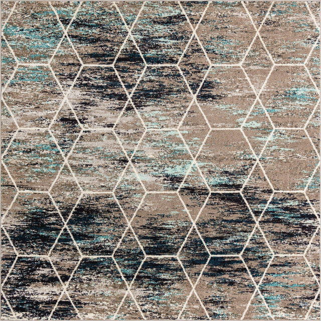 Blue Multicolor 7' 10 x 7' 10 Trellis Frieze Square Area Rug Geometric Modern Unique Stain Resistant Easy Clean Carpet for Living, Dining, Bedrooms, Office for Sale at Rug Engine