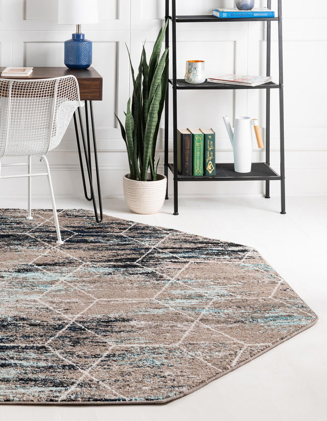 Blue Multicolor 7' 10 x 7' 10 Trellis Frieze Octagon Area Rug Geometric Modern Unique Stain Resistant Easy Clean Carpet for Living, Dining, Bedrooms, Office for Sale at Rug Engine