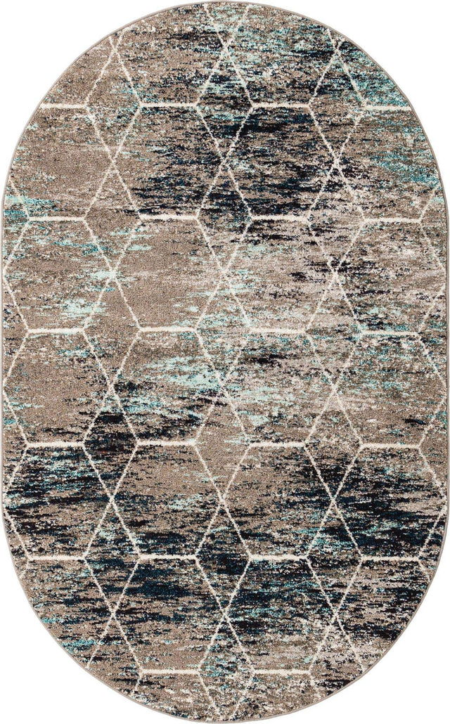 Blue Multicolor 5' 3 x 8' Trellis Frieze Oval Area Rug Geometric Modern Unique Stain Resistant Easy Clean Carpet for Living, Dining, Bedrooms, Office for Sale at Rug Engine