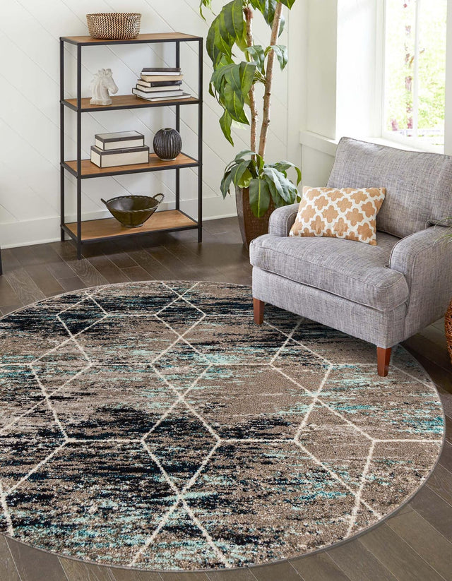 Blue Multicolor 7' 10 x 7' 10 Trellis Frieze Round Area Rug Geometric Modern Unique Stain Resistant Easy Clean Carpet for Living, Dining, Bedrooms, Office for Sale at Rug Engine