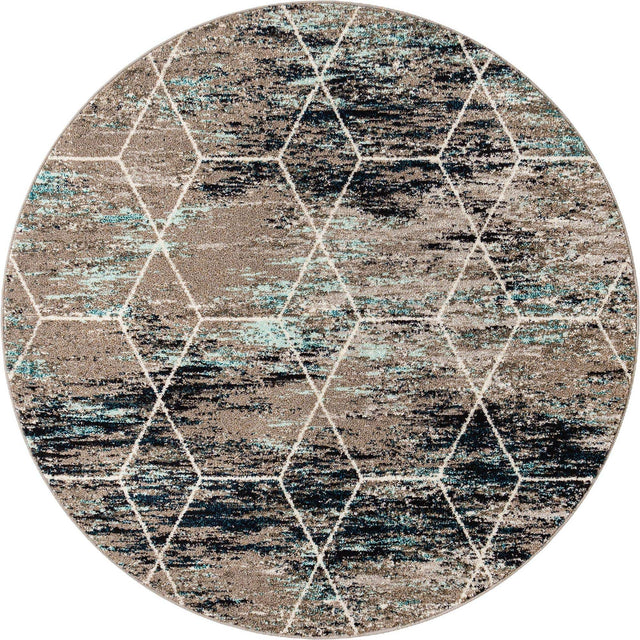 Blue Multicolor 6' 1 x 6' 1 Trellis Frieze Round Area Rug Geometric Modern Unique Stain Resistant Easy Clean Carpet for Living, Dining, Bedrooms, Office for Sale at Rug Engine