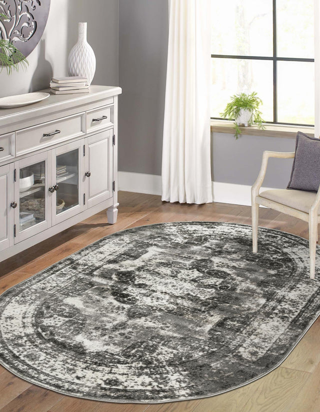 Gray 4' 1 x 6' 1 Sofia Oval Area Rug Durable Easy Clean Stain Resistant Unique Carpet for Affordable Interior Home Design for Sale at Rug Engine