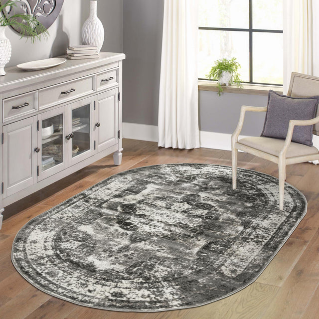 Gray 4' 1 x 6' 1 Sofia Oval Area Rug Durable Easy Clean Stain Resistant Unique Carpet for Affordable Interior Home Design for Sale at Rug Engine