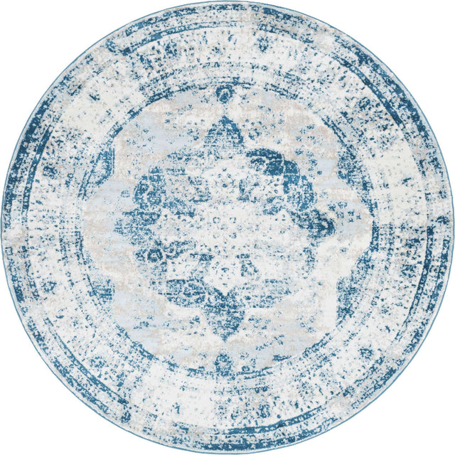 Blue 7' 10 x 7' 10 Sofia Round Area Rug Durable Easy Clean Stain Resistant Unique Carpet for Affordable Interior Home Design for Sale at Rug Engine