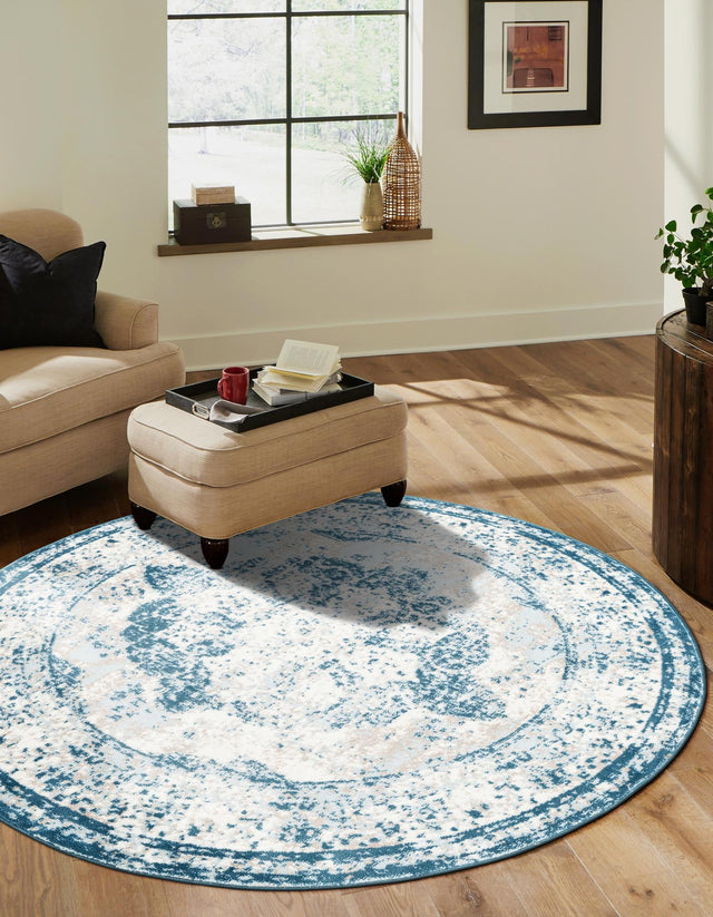 Blue 5' 3 x 5' 3 Sofia Round Area Rug Durable Easy Clean Stain Resistant Unique Carpet for Affordable Interior Home Design for Sale at Rug Engine