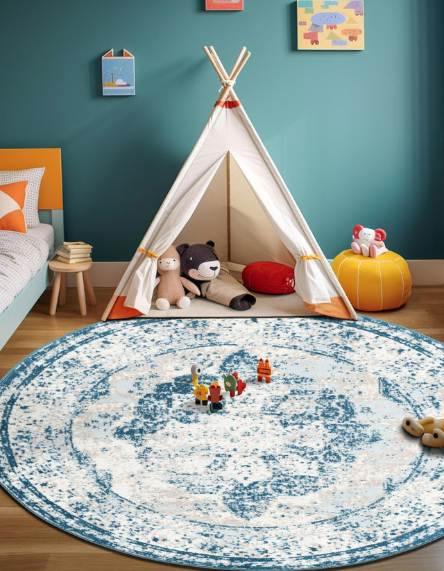 Blue 4' 1 x 4' 1 Sofia Round Area Rug Durable Easy Clean Stain Resistant Unique Carpet for Affordable Interior Home Design for Sale at Rug Engine