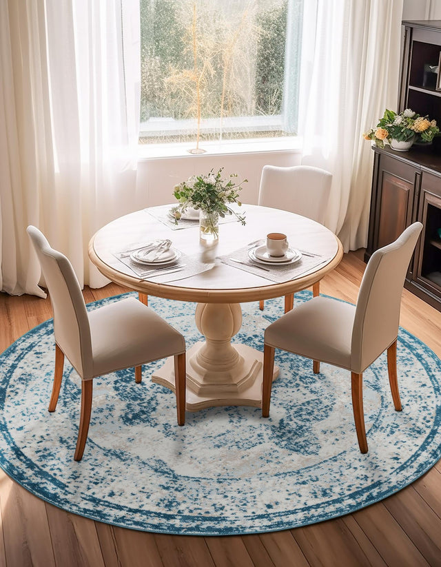 Blue 4' 1 x 4' 1 Sofia Round Area Rug Durable Easy Clean Stain Resistant Unique Carpet for Affordable Interior Home Design for Sale at Rug Engine