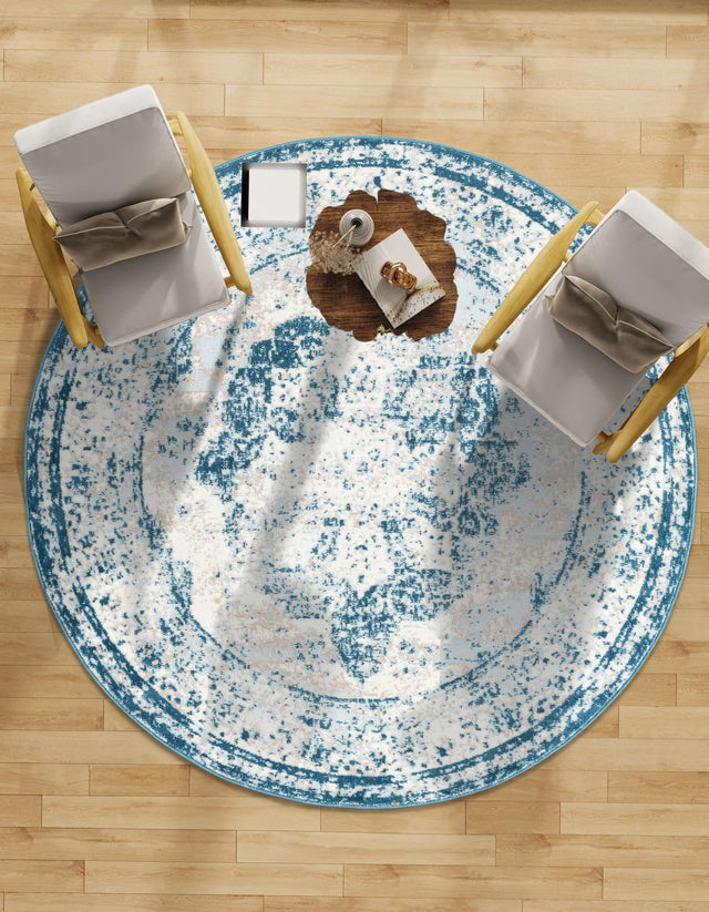 Blue 4' 1 x 4' 1 Sofia Round Area Rug Durable Easy Clean Stain Resistant Unique Carpet for Affordable Interior Home Design for Sale at Rug Engine