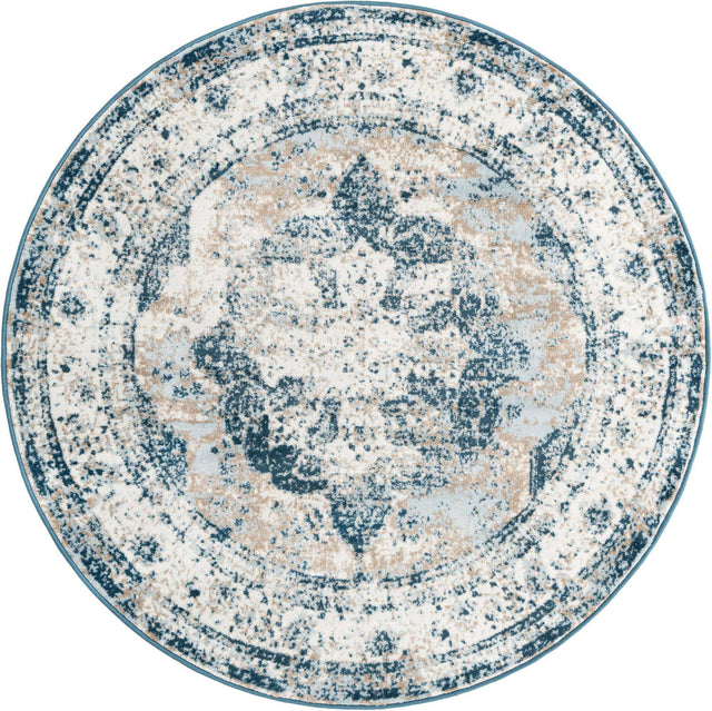 Blue 6' 1 x 6' 1 Sofia Round Area Rug Durable Easy Clean Stain Resistant Unique Carpet for Affordable Interior Home Design for Sale at Rug Engine