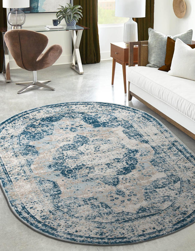 Blue 3' 1 x 5' 3 Sofia Oval Area Rug Durable Easy Clean Stain Resistant Unique Carpet for Affordable Interior Home Design for Sale at Rug Engine