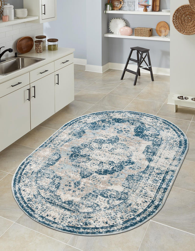 Blue 5' 3 x 8' Sofia Oval Area Rug Durable Easy Clean Stain Resistant Unique Carpet for Affordable Interior Home Design for Sale at Rug Engine