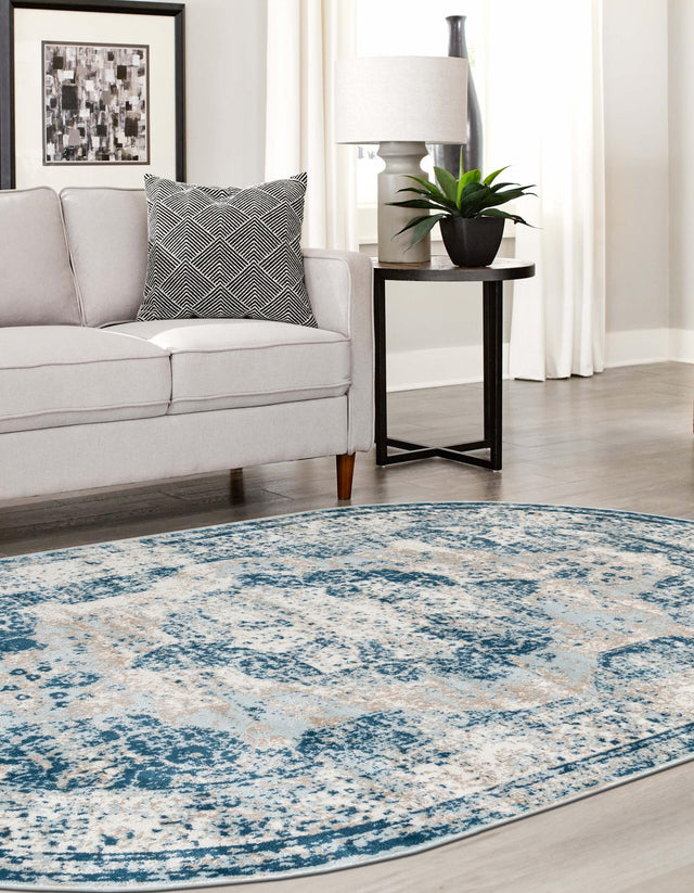 Blue 7' 10 x 10' Sofia Oval Area Rug Durable Easy Clean Stain Resistant Unique Carpet for Affordable Interior Home Design for Sale at Rug Engine