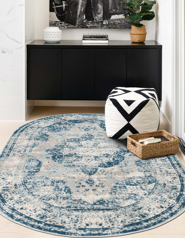 Blue 3' 1 x 5' 3 Sofia Oval Area Rug Durable Easy Clean Stain Resistant Unique Carpet for Affordable Interior Home Design for Sale at Rug Engine