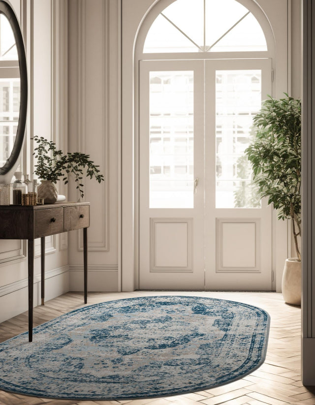 Blue 3' 1 x 5' 3 Sofia Oval Area Rug Durable Easy Clean Stain Resistant Unique Carpet for Affordable Interior Home Design for Sale at Rug Engine