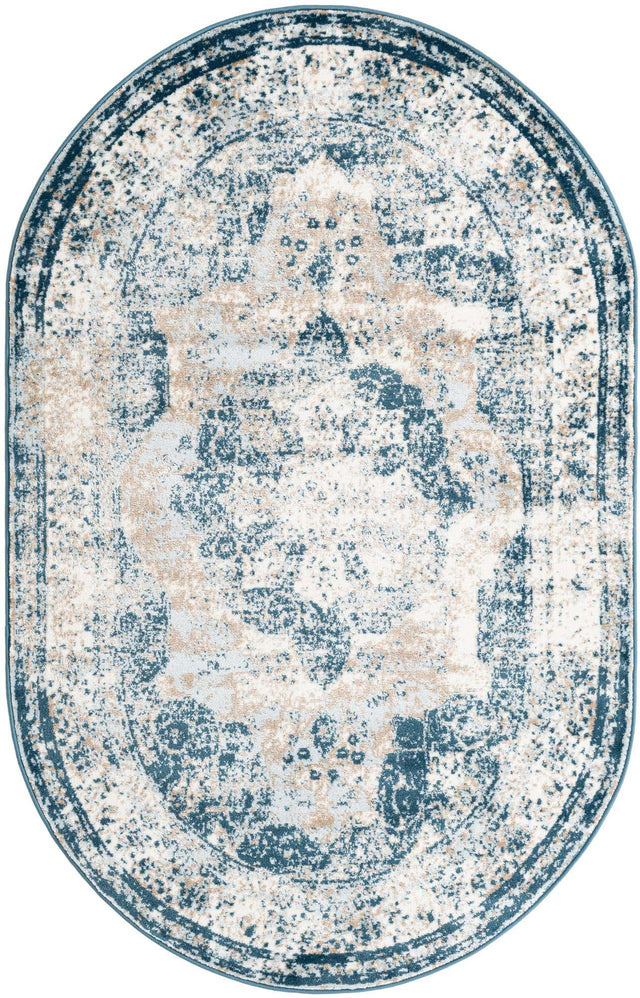 Blue 5' 3 x 8' Sofia Oval Area Rug Durable Easy Clean Stain Resistant Unique Carpet for Affordable Interior Home Design for Sale at Rug Engine