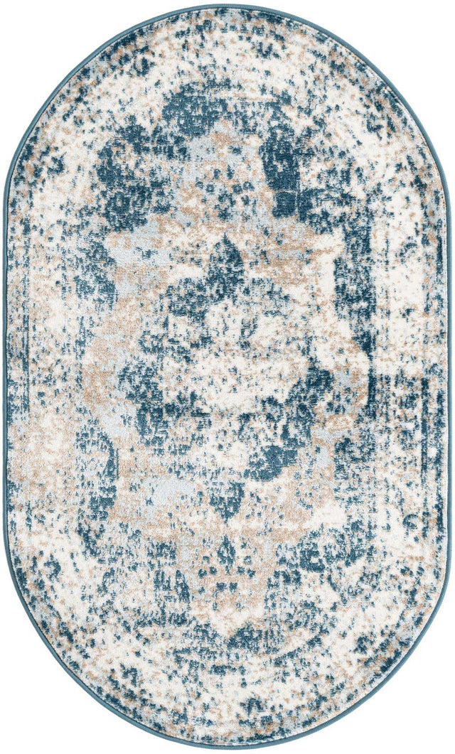 Blue 3' 1 x 5' 3 Sofia Oval Area Rug Durable Easy Clean Stain Resistant Unique Carpet for Affordable Interior Home Design for Sale at Rug Engine