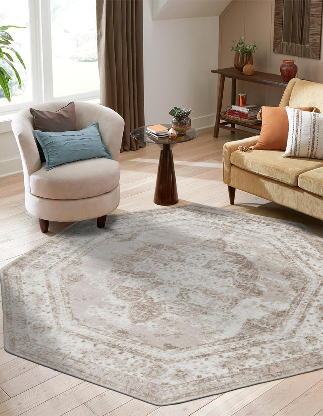 Beige 5' 3 x 5' 3 Sofia Octagon Area Rug Durable Easy Clean Stain Resistant Unique Carpet for Affordable Interior Home Design for Sale at Rug Engine