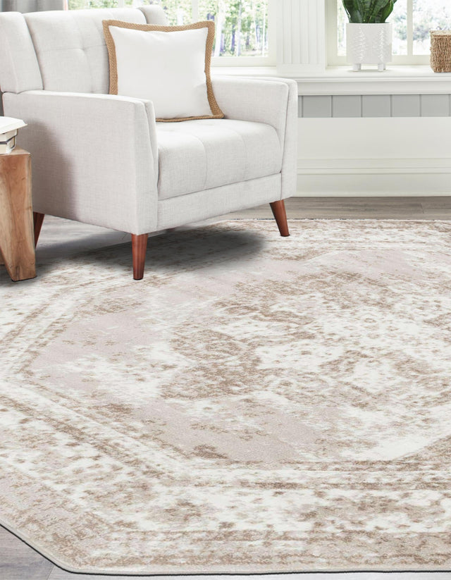 Beige 4' 1 x 4' 1 Sofia Octagon Area Rug Durable Easy Clean Stain Resistant Unique Carpet for Affordable Interior Home Design for Sale at Rug Engine