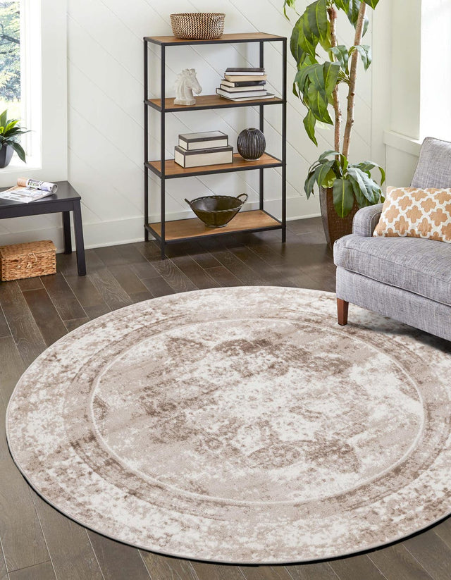 Beige 4' 1 x 4' 1 Sofia Round Area Rug Durable Easy Clean Stain Resistant Unique Carpet for Affordable Interior Home Design for Sale at Rug Engine
