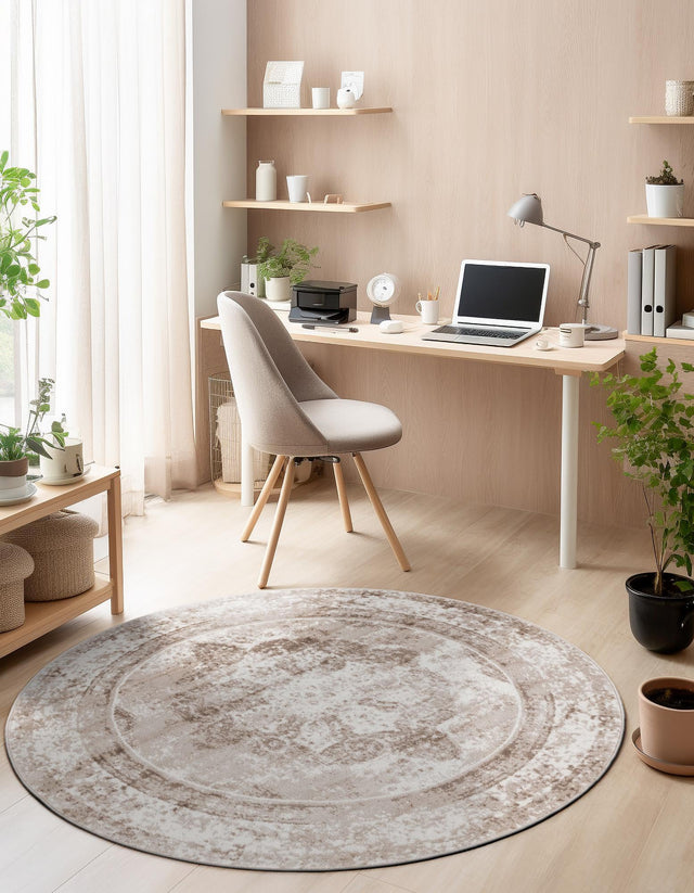 Beige 7' 1 x 7' 1 Sofia Round Area Rug Durable Easy Clean Stain Resistant Unique Carpet for Affordable Interior Home Design for Sale at Rug Engine