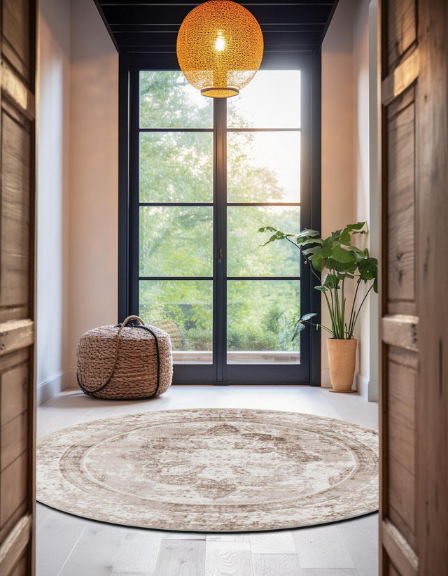 Beige 5' 3 x 5' 3 Sofia Round Area Rug Durable Easy Clean Stain Resistant Unique Carpet for Affordable Interior Home Design for Sale at Rug Engine