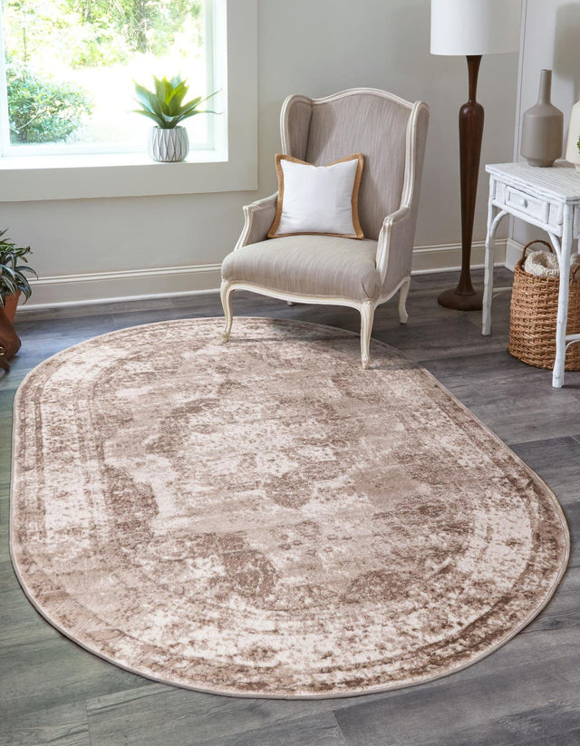 Beige 5' 3 x 8' Sofia Oval Area Rug Durable Easy Clean Stain Resistant Unique Carpet for Affordable Interior Home Design for Sale at Rug Engine