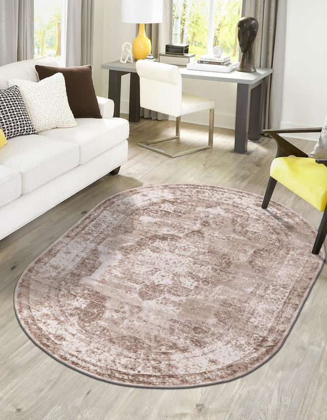 Beige 4' 1 x 6' 1 Sofia Oval Area Rug Durable Easy Clean Stain Resistant Unique Carpet for Affordable Interior Home Design for Sale at Rug Engine