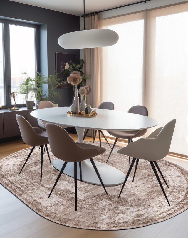 Beige 5' 3 x 8' Sofia Oval Area Rug Durable Easy Clean Stain Resistant Unique Carpet for Affordable Interior Home Design for Sale at Rug Engine