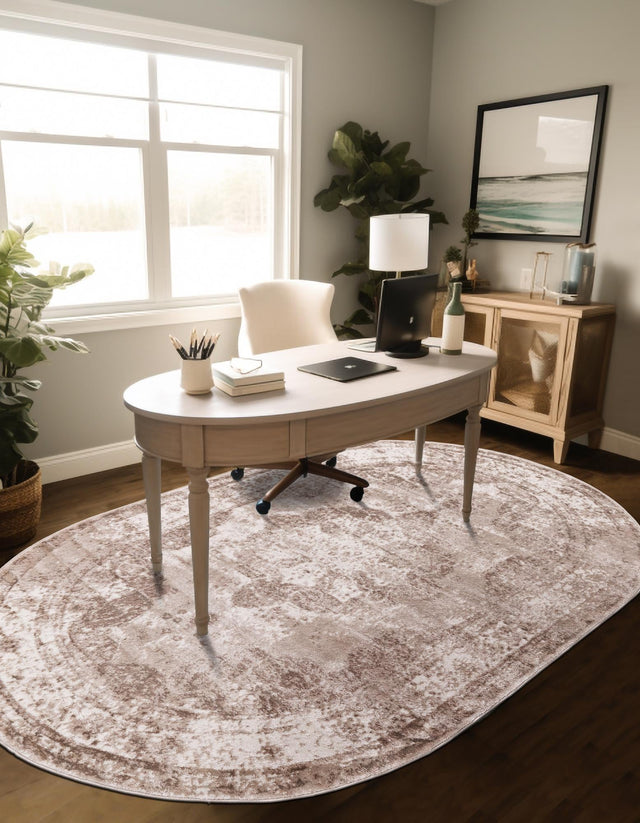 Beige 5' 3 x 8' Sofia Oval Area Rug Durable Easy Clean Stain Resistant Unique Carpet for Affordable Interior Home Design for Sale at Rug Engine