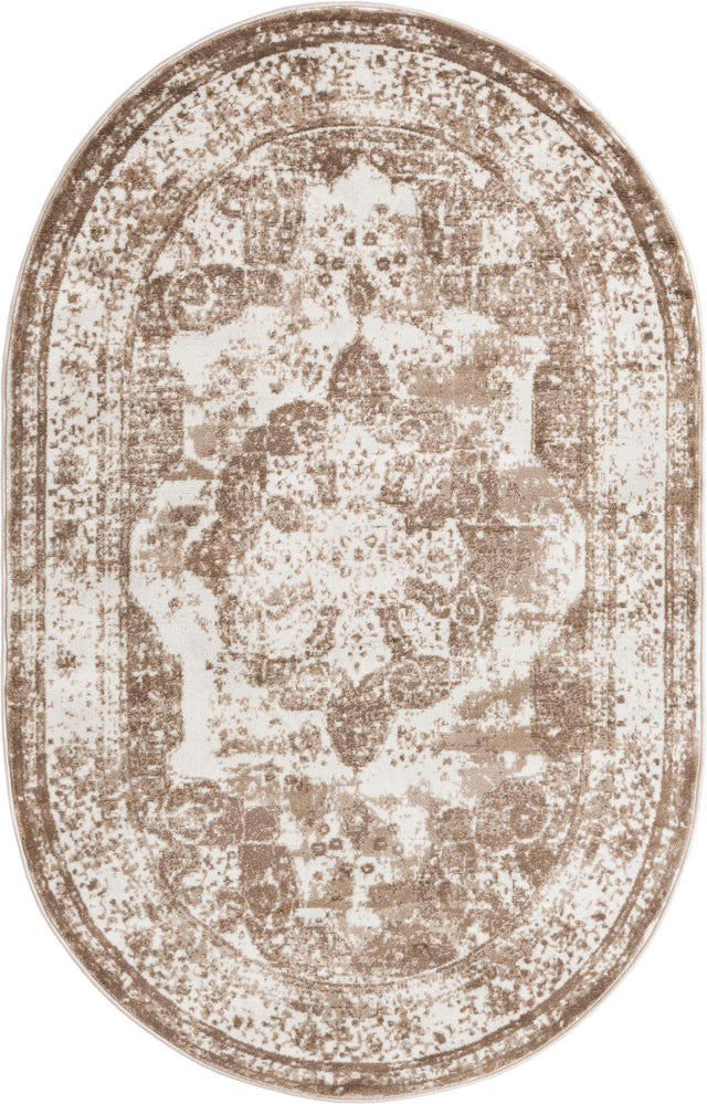 Beige 5' 3 x 8' Sofia Oval Area Rug Durable Easy Clean Stain Resistant Unique Carpet for Affordable Interior Home Design for Sale at Rug Engine