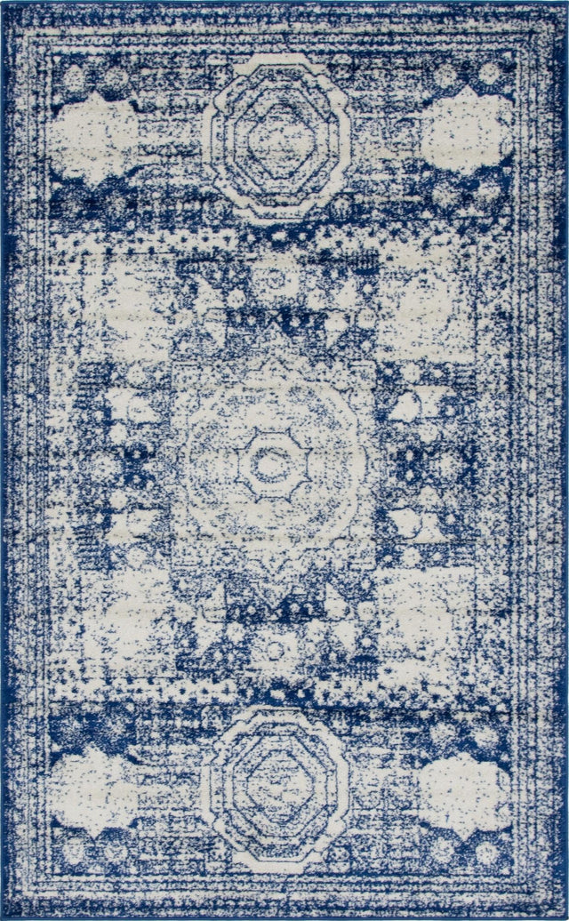 Ivory and Blue 1' 4 x 1' 4 Bromley Sample Area Rug 100% Polypropylene With Cotton Backing Vintage Distressed Colorful Traditional Carpet for Living Dining Rooms Offices for Sale at Rug Engine