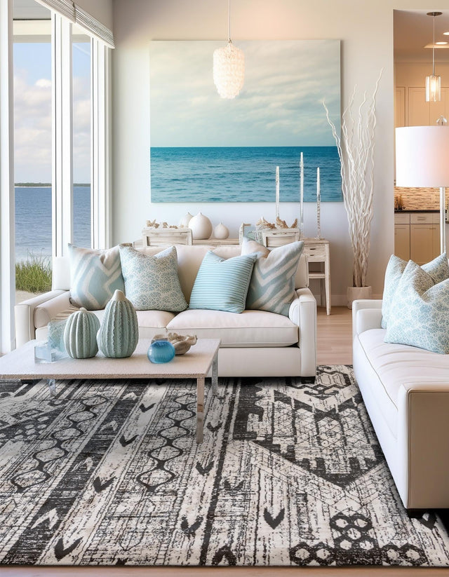 Black and White 6' 1 x 6' 1 Portland Square Area Rug 85% Polypropylene & 15% Polyester Vintage Distressed Traditional Carpet for Home Decor for Sale at Rug Engine