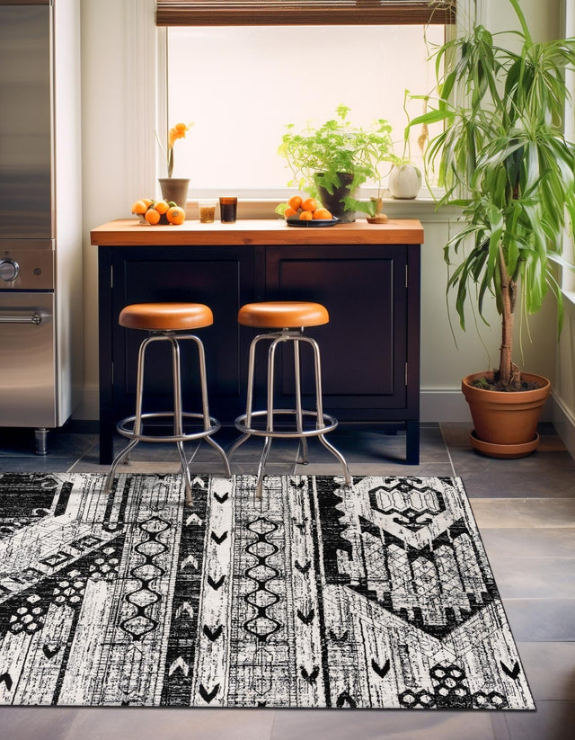 Black and White 6' 1 x 6' 1 Portland Square Area Rug 85% Polypropylene & 15% Polyester Vintage Distressed Traditional Carpet for Home Decor for Sale at Rug Engine