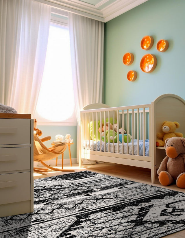 Black and White 4' 1 x 4' 1 Portland Square Area Rug 85% Polypropylene & 15% Polyester Vintage Distressed Traditional Carpet for Home Decor for Sale at Rug Engine