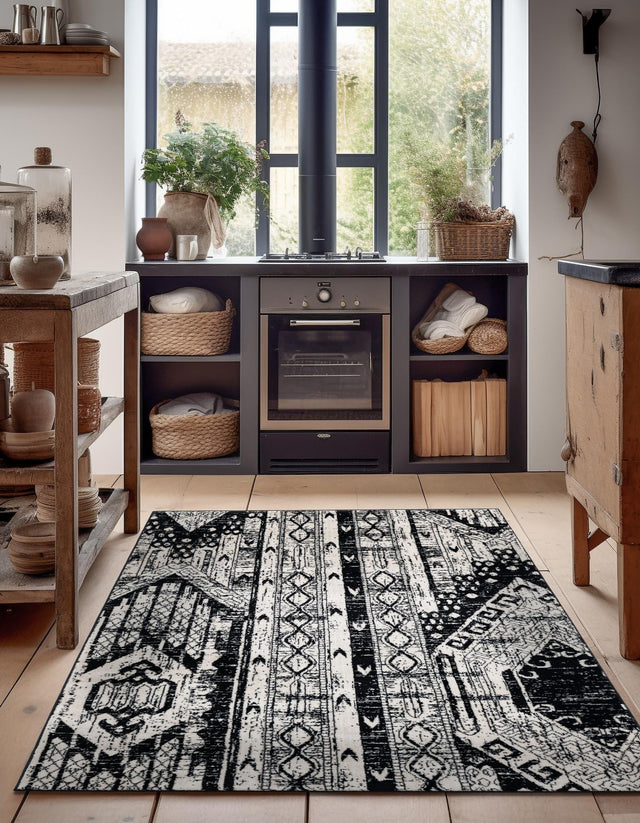 Black and White 9' x 12' Portland Rectangle Area Rug 85% Polypropylene & 15% Polyester Vintage Distressed Traditional Carpet for Home Decor for Sale at Rug Engine
