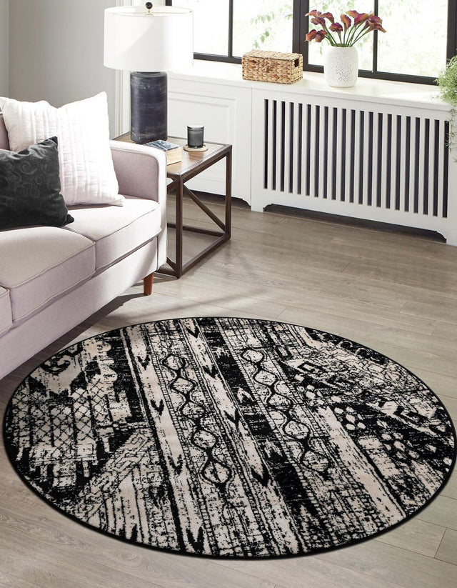 Black and White 7' 1 x 7' 1 Portland Round Area Rug 85% Polypropylene & 15% Polyester Vintage Distressed Traditional Carpet for Home Decor for Sale at Rug Engine