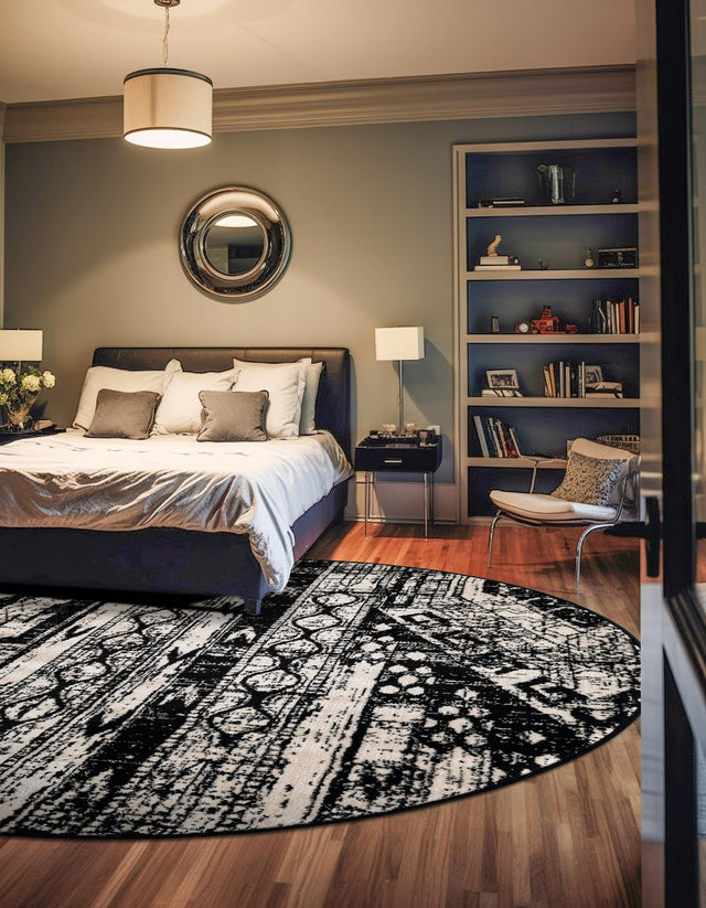 Black and White 7' 1 x 7' 1 Portland Round Area Rug 85% Polypropylene & 15% Polyester Vintage Distressed Traditional Carpet for Home Decor for Sale at Rug Engine