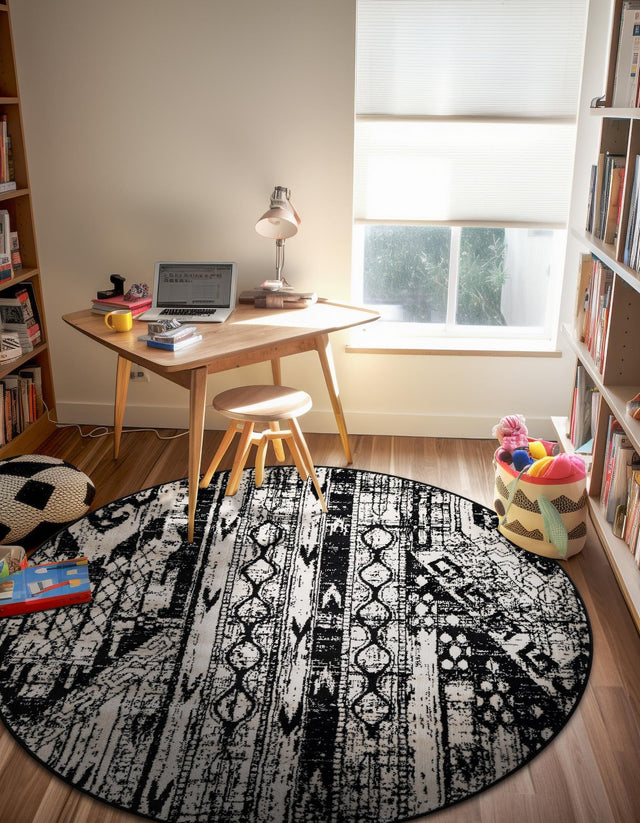 Black and White 3' 1 x 3' 1 Portland Round Area Rug 85% Polypropylene & 15% Polyester Vintage Distressed Traditional Carpet for Home Decor for Sale at Rug Engine