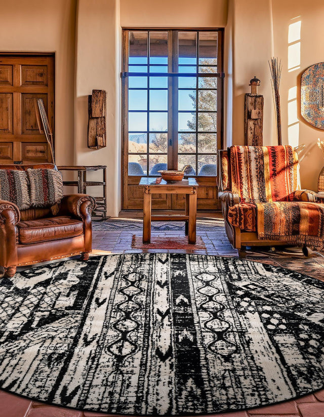 Black and White 5' 3 x 5' 3 Portland Round Area Rug 85% Polypropylene & 15% Polyester Vintage Distressed Traditional Carpet for Home Decor for Sale at Rug Engine