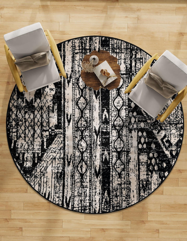 Black and White 7' 1 x 7' 1 Portland Round Area Rug 85% Polypropylene & 15% Polyester Vintage Distressed Traditional Carpet for Home Decor for Sale at Rug Engine