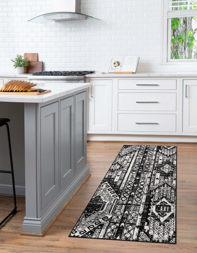 Black and White 2' 2 x 12' Portland Runner Area Rug 85% Polypropylene & 15% Polyester Vintage Distressed Traditional Carpet for Home Decor for Sale at Rug Engine