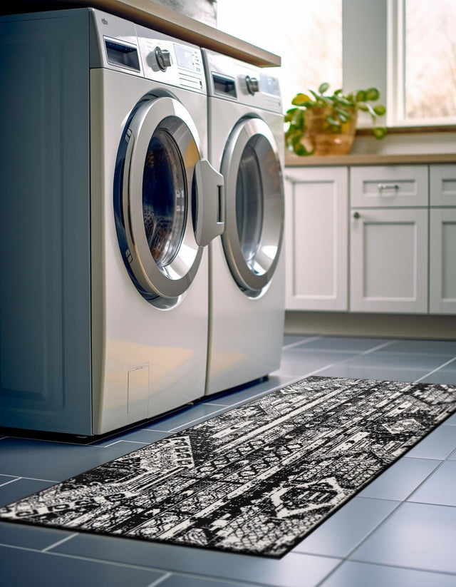 Black and White 2' x 8' Portland Runner Area Rug 85% Polypropylene & 15% Polyester Vintage Distressed Traditional Carpet for Home Decor for Sale at Rug Engine