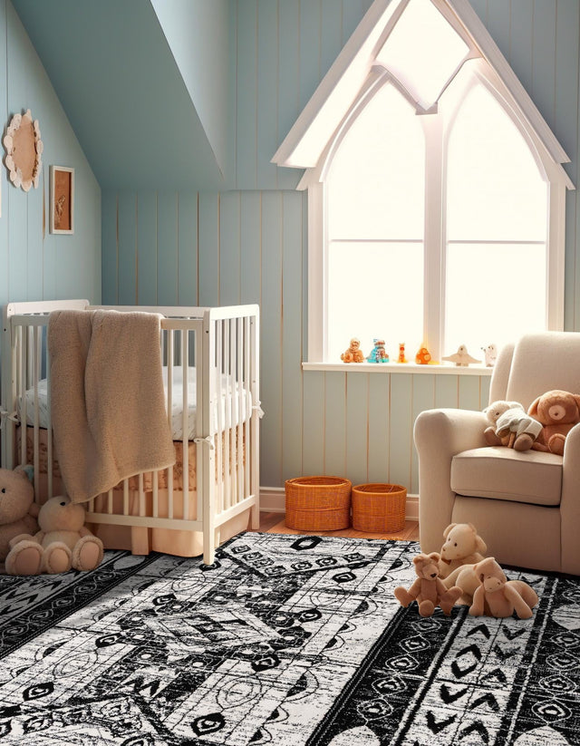 Black and White 7' 10 x 7' 10 Portland Square Area Rug 85% Polypropylene & 15% Polyester Vintage Distressed Traditional Carpet for Home Decor for Sale at Rug Engine