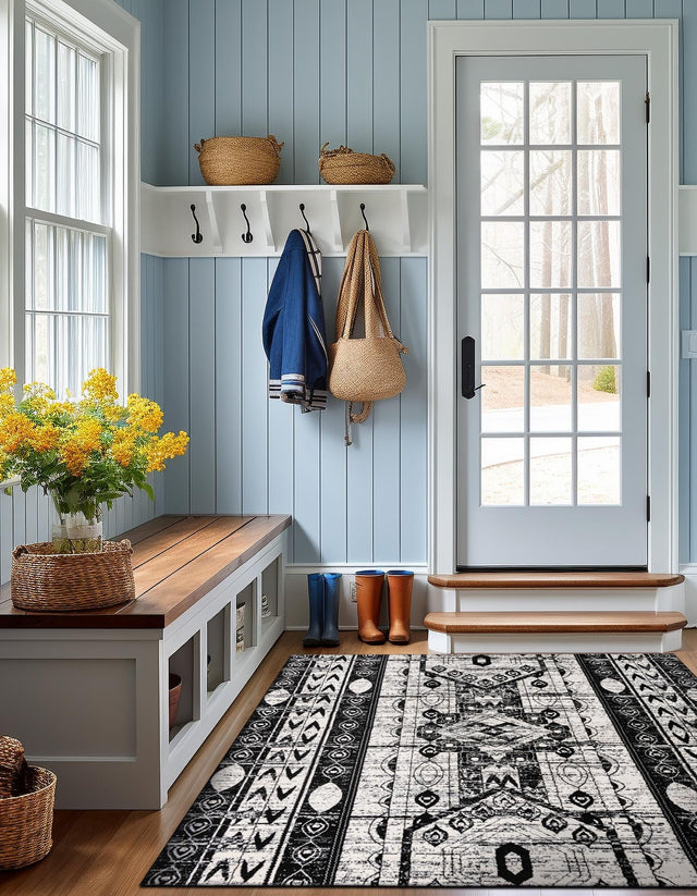 Black and White 7' 10 x 7' 10 Portland Square Area Rug 85% Polypropylene & 15% Polyester Vintage Distressed Traditional Carpet for Home Decor for Sale at Rug Engine